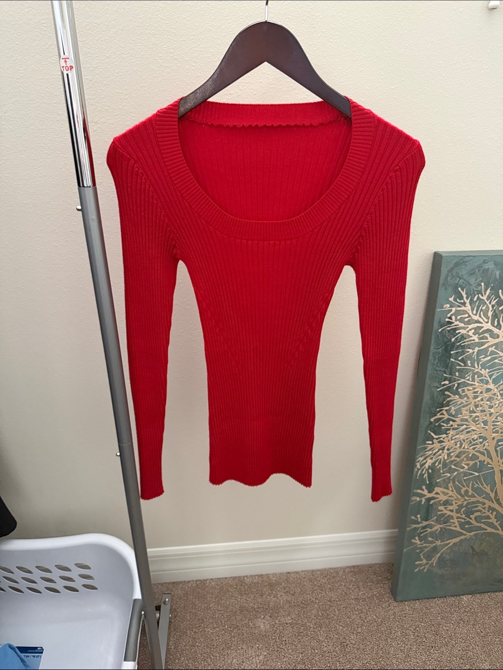 Red Ribbed Scoop Neck Women's Sweater